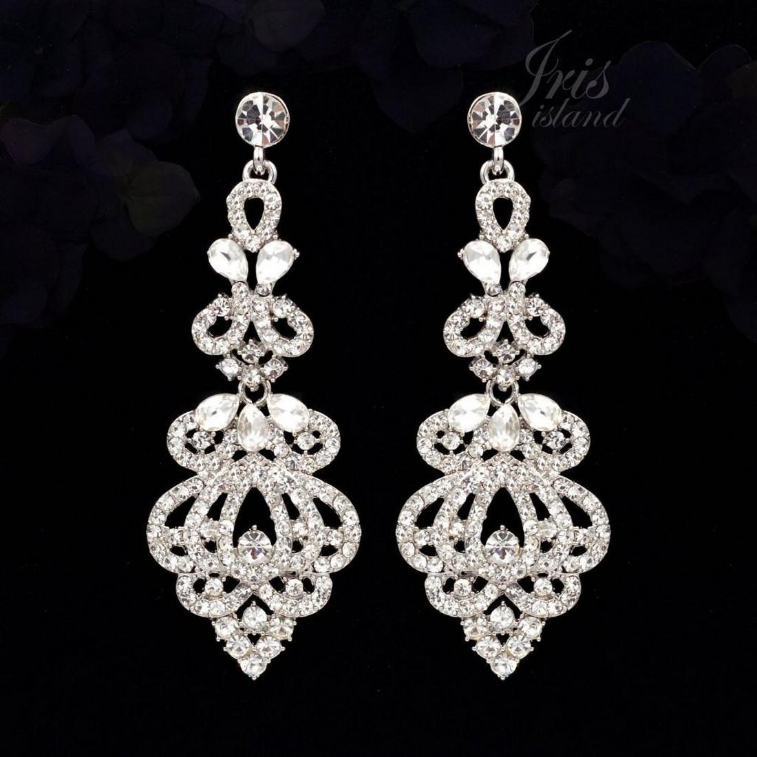 Edwardian Style Czech Crystal & Rhinestone Drop Dangle: Edwardian-style Clear Czech crystals set into rhodium plated white metal chandelier dangle earrings. 3" L.Â 9775-031018-EB-59883