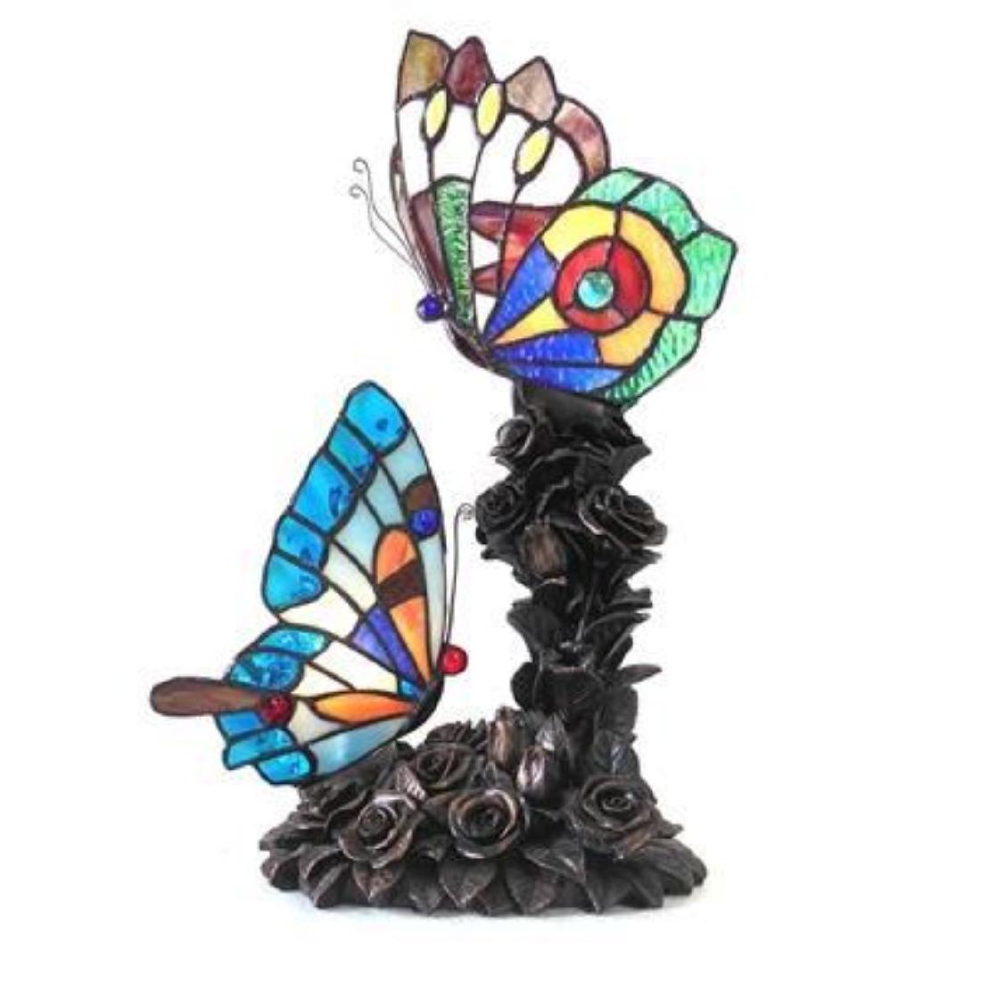 Tiffany-style 2 Light Butterfly Table Lamp 17" Tall: Overall Width9.70 Overall Height17.00 Shade Width9.50 Shade Height7.00 Base Width9.70 Base Height11.00 Net Weight (lbs)6.40 Light DirectionDownlight Wattage/Bulb Types(2) 25 Watt max E12 Type C Bulb (