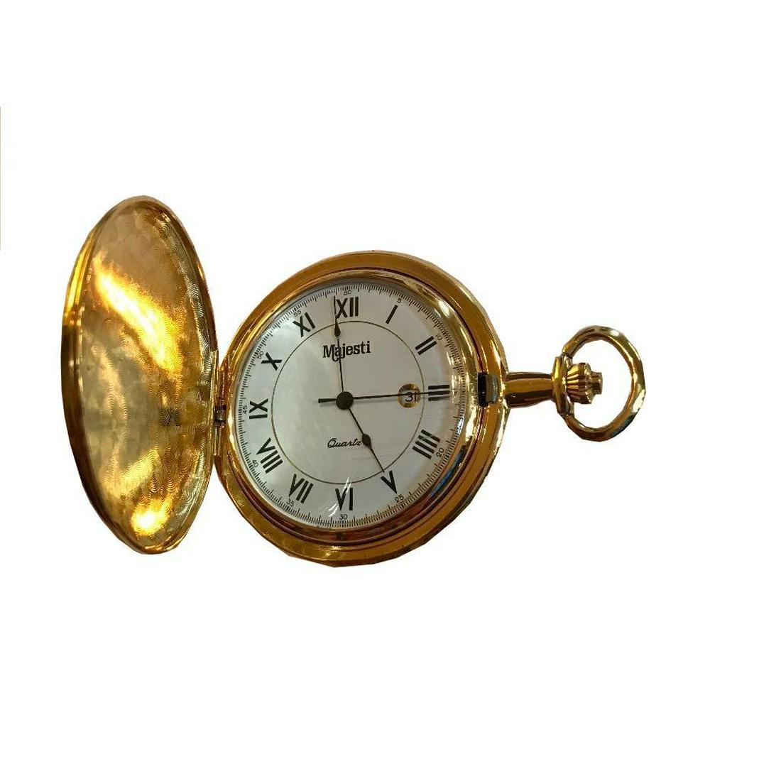 Modern Gold Plated Pocket Watch: Gold plated pocket watch. Majesti Quartz sidewinder with Roman numerals & date display. * light scratches to glass, otherwise in new condition.