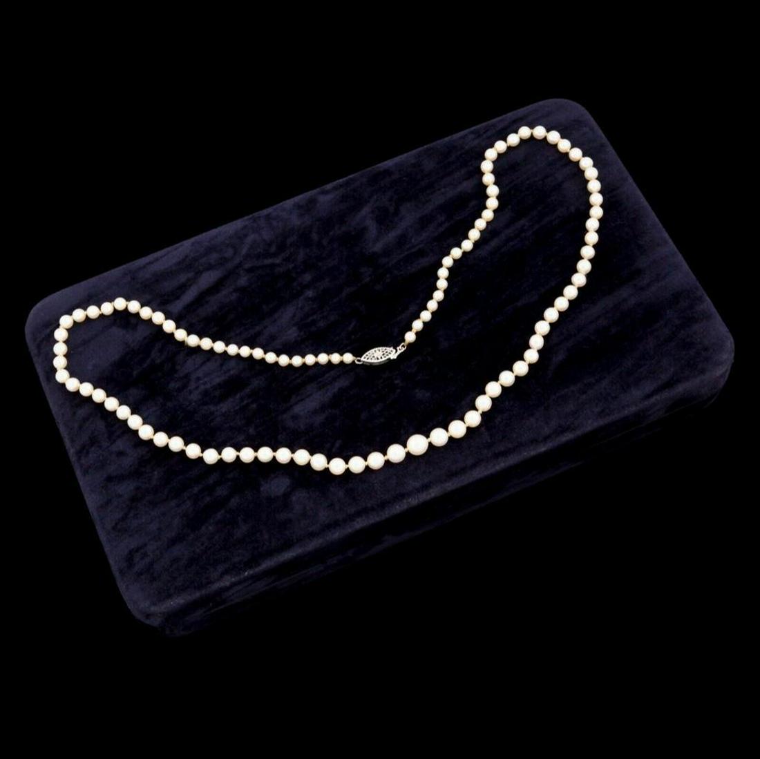Antique Art Deco Era, Saltwater Akoya Graduated Pearls: Antique Art Deco era ( 1920's - 1940's ) Saltwater AkoyaÂ Pearls Necklace. 8.7 grams, 3.15mm - 5.6mm size, lustrous white hue pearls, naturally rounded & polished on silk string with 10k white gold 