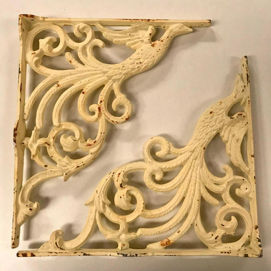 Vintage Pair of Cast Iron Phoenix Bird Wall Shelf: Pair of vintage cast iron, antique white, phoenix bird architecturalÂ wall shelf brackets. Approx 14" H X 12" W. * paint loss, as seen in photos.