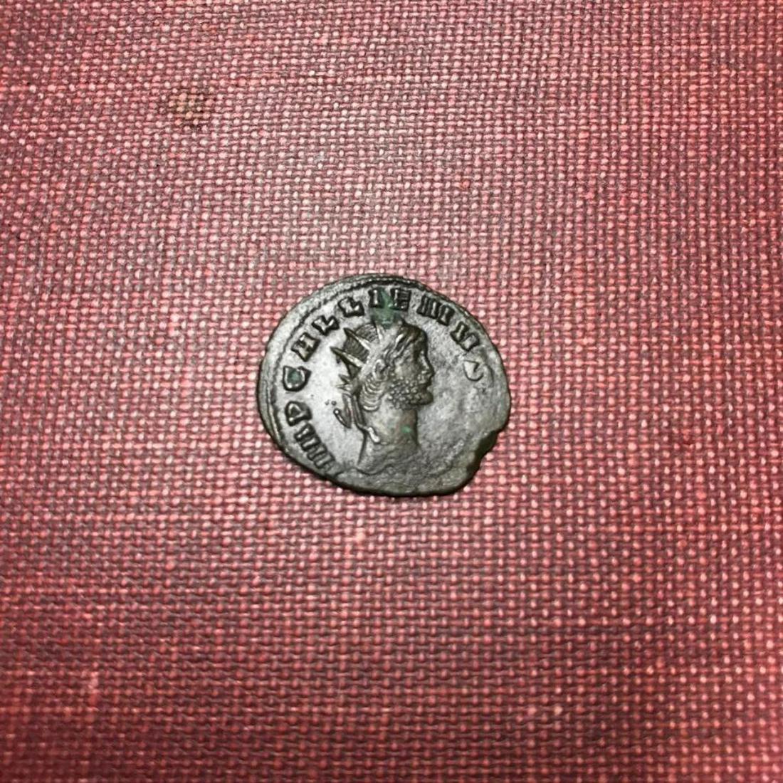 Ancient Roman Coin, 247 AD, Gallienus & Griffin: Â 253-268 AD Ancient Roman coin, bronze Antoninianus, GALLIENVS AVG, radiate head right. APOLLINI CONS AVG, Griffin walks, standing left. EF +/ F+. 20mm.