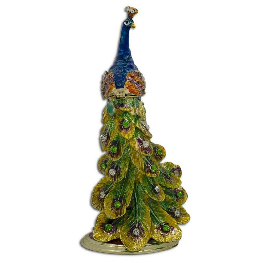 Peacock Sitting on a Clock Trinket Box Figurine 5.5: 5.5" Peacock Sitting on a Clock Trinket Box Figurine 5.5 Inches Tall Russian Style Enamel Gold Plated Pewter, Austrian Crystals Battery Operated Clock Hand-painted Gift Boxed