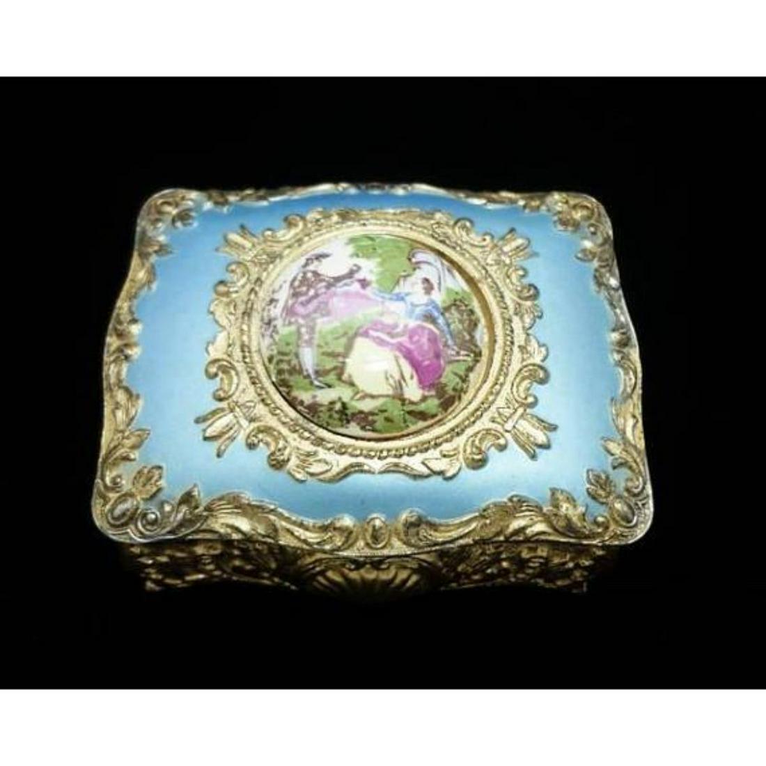 Vintage Hand Painted Japanese Porcelain Gold Jewelry: Description This Fantastic Antique, Jewelry Box-Features A Fragonard Hand Painted Porcelain Cabochon Depicting A Courting Couple. The Cabochon Is Surrounded By Gold-tone Gilt Metal And A Beautiful Blu