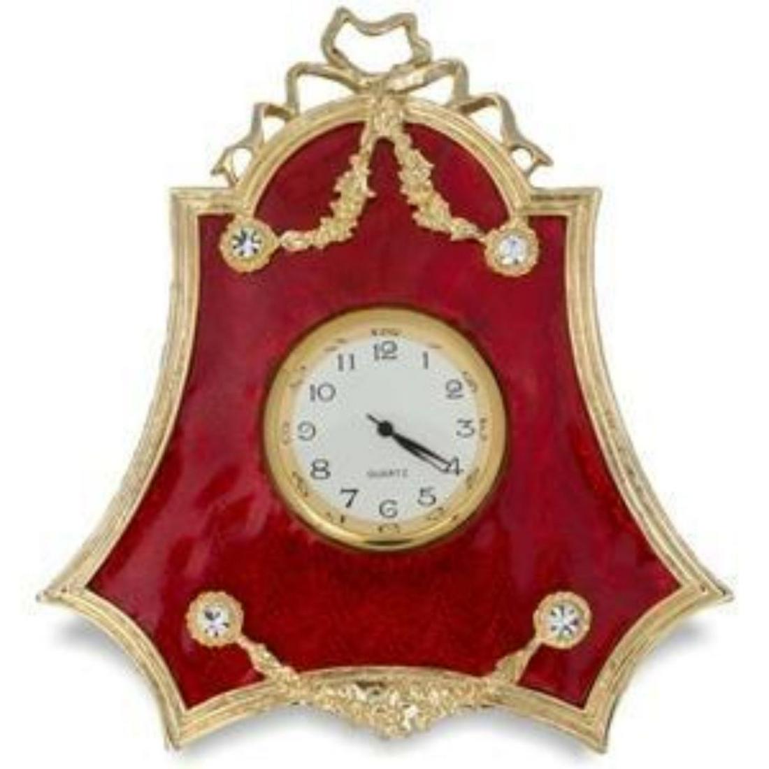 Faberge Inspired 4" Faberge Red Enameled Guilloche: Faberge Inspired 4" Faberge Red Enameled Guilloche Russian Antique Style Clock The framed clock is in two color gold-mounted red enamel surrounded by a crystal set ribbon tie suspended by a laurel gar