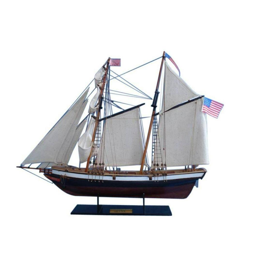 Wooden Lynx Model Ship 24": A highly accurate and detailed scale model yacht designed for the discriminating sailboat enthusiast, this tall model ship Lynx topsail schooner is a museum quality replica. Outfitted as a privateer d