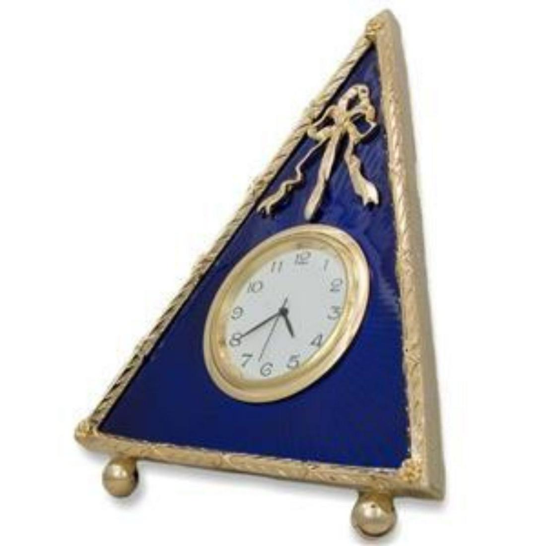 5" Faberge-Inspired Blue Triangle Enameled Guilloche: 5" Faberge Blue Triangle Enameled Guilloche Russian Antique Style Clock 5'' (H)Pewter, Enamel, Crystals Hand Painted Gift Boxed The photo frame is in two color gold-mounted blue enamel surrounded by a