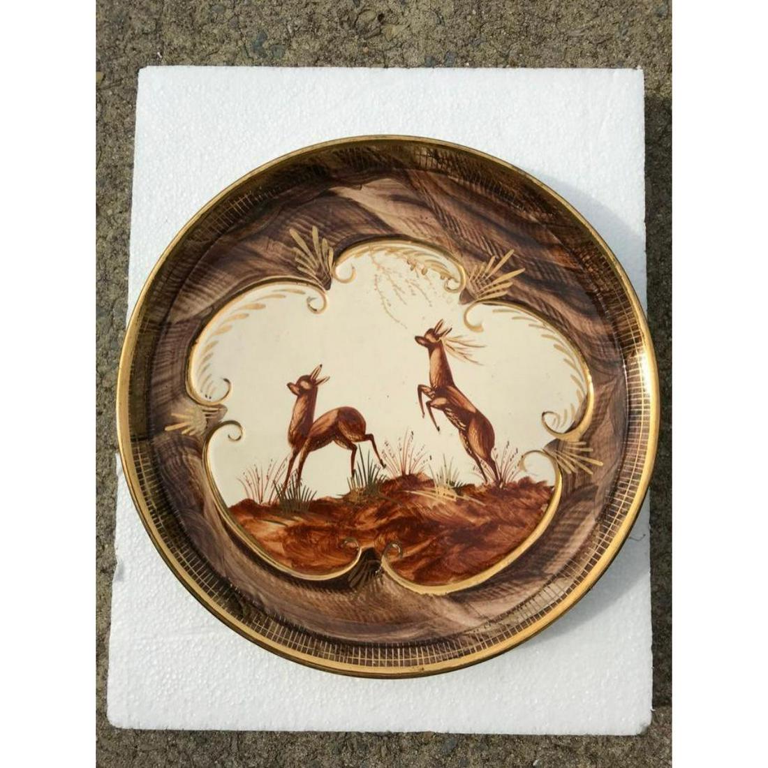 Vintage Art Deco Hubert Bequet Belgium Porcelain Deer: Rare, vintage, Art Deco era, Hubert Bequet, Quaregnon Belgium, hand-painted HB Pottery plate, platter, with deer & stag motif. 24K gold edging & highlight. Stamped on reverse "Belgium, 178" with wire 