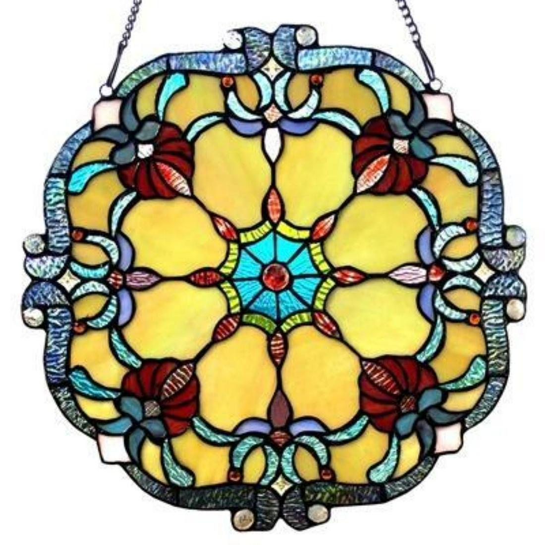 Victorian Tiffany-glass Window Panel 18" Wide: ROSALIE, a Victorian style stained glass window panel features a beautiful hand crafted design that will be sure to bring bright vivid colors to any room. Hand crafted from over 220 pieces fo art glas