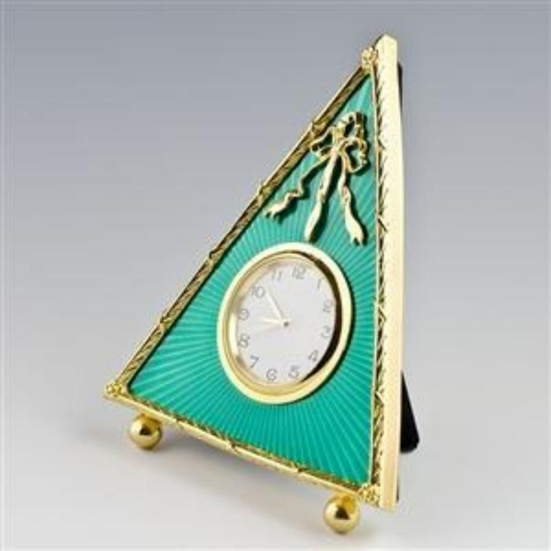 5" Green Triangle Enameled Guilloche Russian Antique: 5" Green Triangle Enameled Guilloche Russian Antique Style Faberge Clock Features:5'' (H)Pewter, Enamel, Crystals Hand Painted Gift Boxed The photo frame is in two color gold-mounted green enamel surr