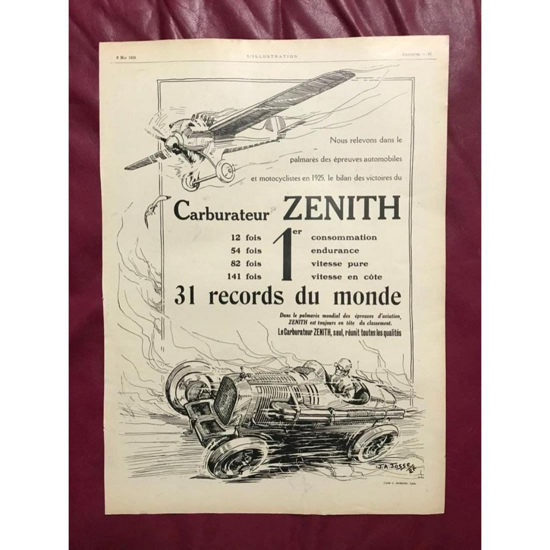 1920's Magazine Advertisement, Zenith Carburateur,: Original magazine advertisement page from a 1926 issue of the French magazine L'Illustration. 11 1/2" X 16". Ready for framing.Â