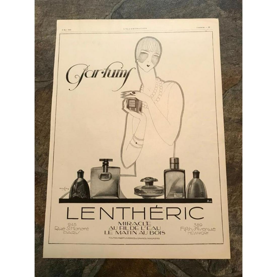 Original 1920's Art Deco French Advertisement,: Original black & white advertisement page from a 1926 issue of L'IllustrationÂ Magazine. Lentheric Parfums & toiletries, 245 Rue St. Honore, Paris & 389 Fifth Avenue, New York. Â Features stylised