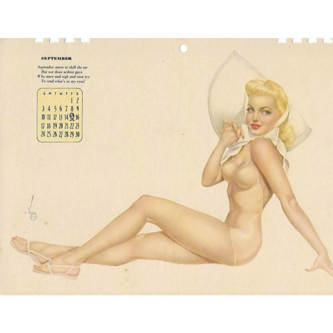 Original 1940's Vargas Girl Calendar Page Print,: Original 1940's calendar page print, September beautiful blonde wearing hat, byÂ Joaquin Alberto Vargas ( 1896 - 1982 ) - artist made famous by his WWII pin up girl lithographs that appeared in Esqu