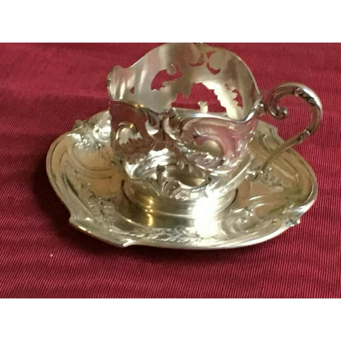 Antique French Art Nouveau Christofle Silverplate Tea: Antique French Art Nouveau Christofle "Orfevrerie GALLIA" Silver-plate Tea Glass Holder & Saucer.Â Laurel pattern. There are 2 punches on saucer reverse : - A walking rooster with "Orfevrerie Gallia