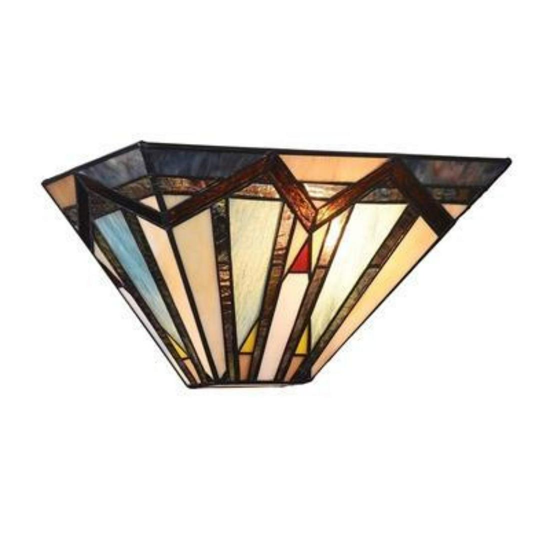 Mission 1 Light Textured Black Wall Sconce 12" Wide: MANTON, a Mission style 1 light wall sconce features a chic, modern design, consisting of red, yellow and dark-orange colors. This piece is handcrafted from over 80 pieces of hand cut, stained art gla