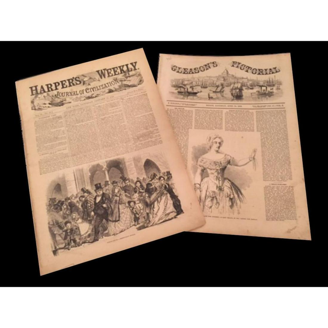1850's Harper's Weekly & Gleason's Pictorial: A set of two pre Civil War original 19th century illustrated newspapers, New York & Boston. A 12 pg January 16, 1858 New York Harper's Weekly illustrated newspaper. Wood engravings & stories include t