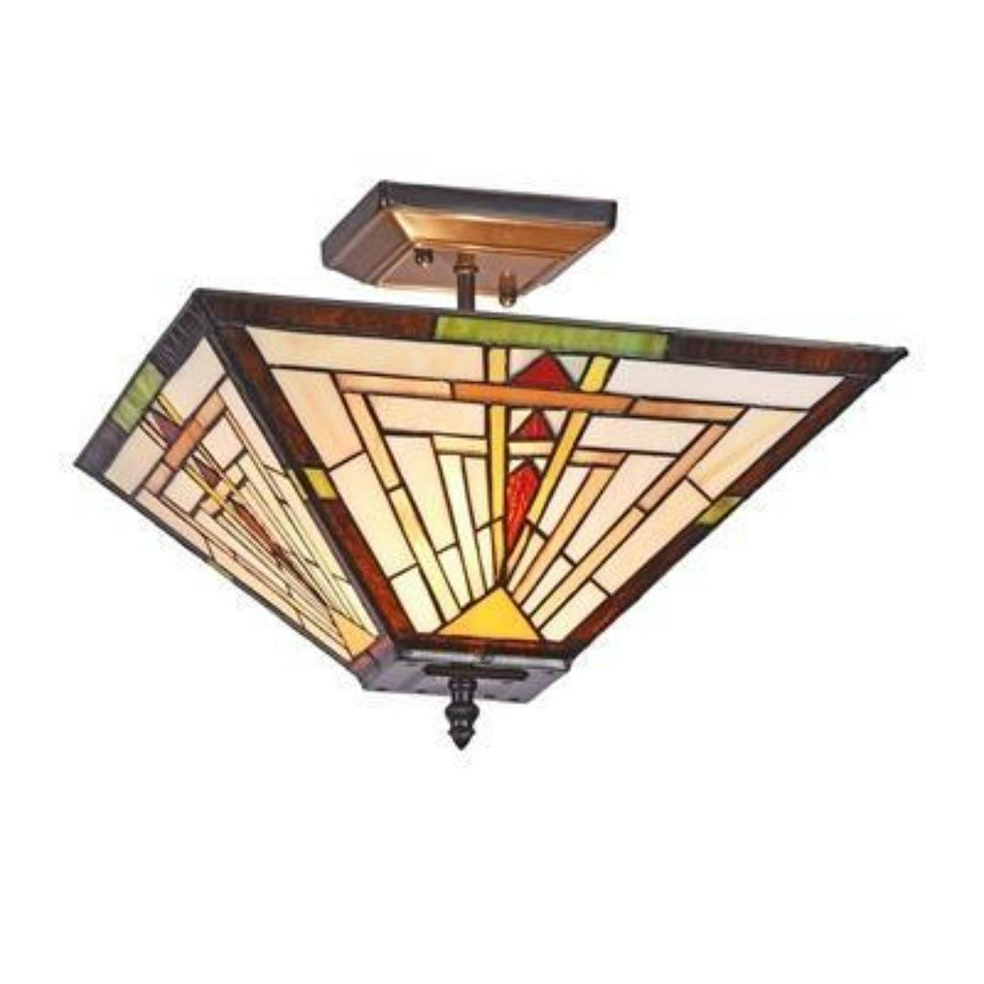 Mission 2 Light Blackish Bronze Semi-flush Ceiling: NORMAN, a Mission style 2 light semi-flush ceiling fixture features a handsome design, consisting of bright orange, light green and off-white colors. This piece is hand crafted from over 225 pieces of
