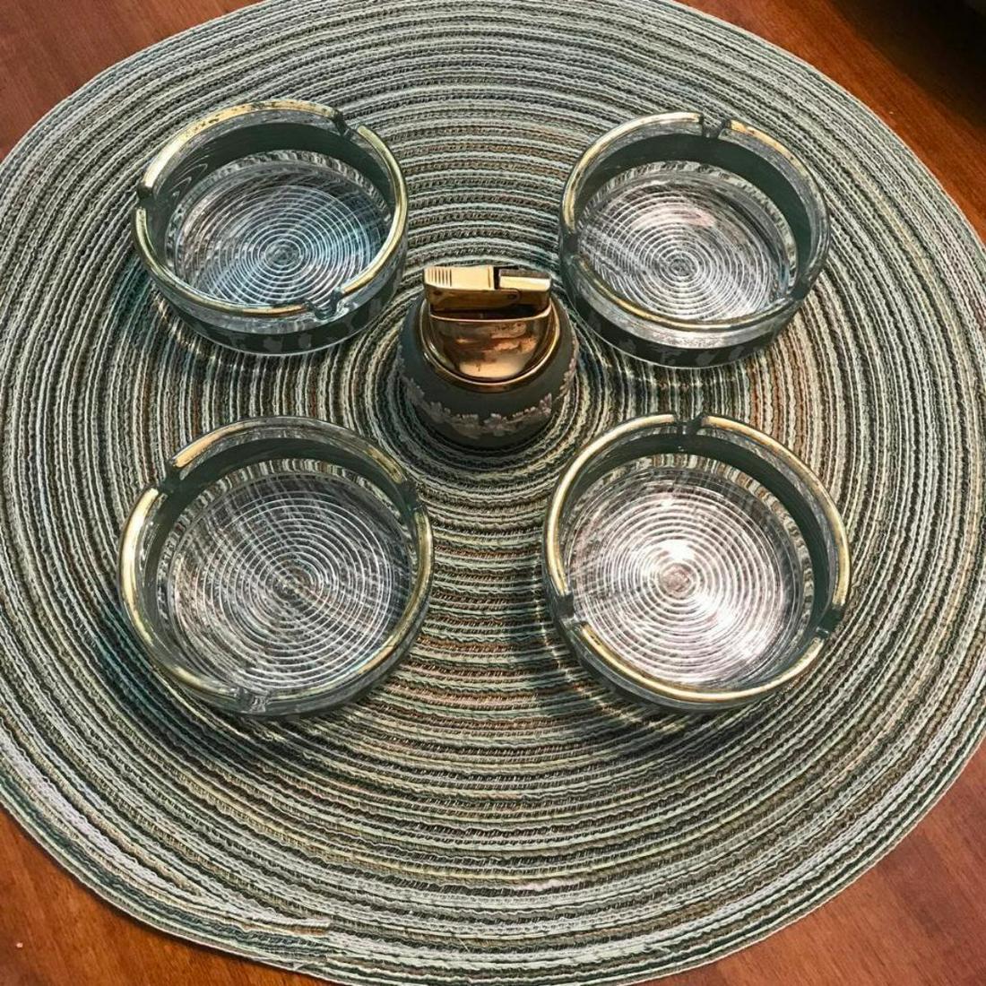 Green Wedgwood Set, Jeanette Hellenic Grecian Classic: Set of 5 Green Wedgwood: Jeanette Hellenic Grecian classic glass ashtrays/coasters, along with a Wedgwood greenÂ jasperware lighter. Lighter removes from porcelain case.Â