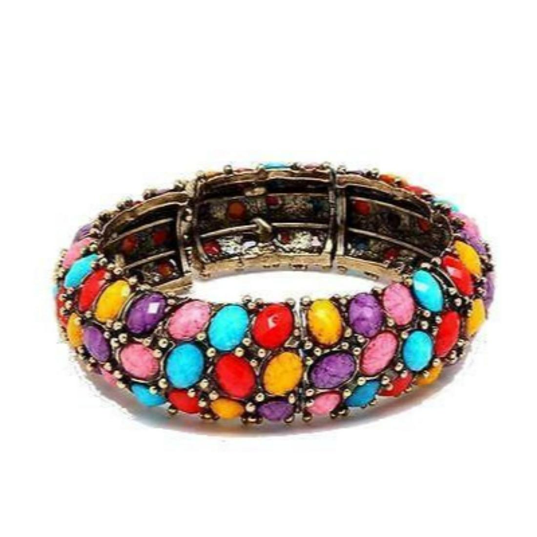 Multi-Color Easter Egg Bead Hinge Cuff Bangle Bracelet: Multi-color oval "Easter egg" beads embedded into a bronze tone 6 1/2"Â bangle cuff bracelet.Â 10094-040618-EB-52034