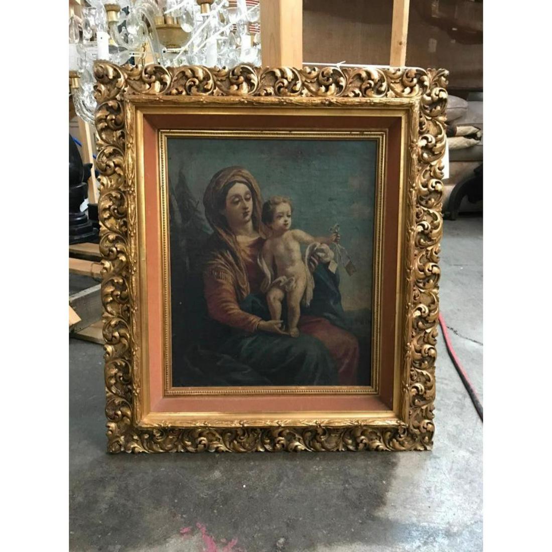 19thc Rococo Style Gold-Gilt Framed Madonna & Child Oil: 19th century classical Madonna & Child subjectÂ oil on canvas painting in ornate gold-gilt rococo style frame. 36" H X 20" W. * small losses to canvas, per photos.Â