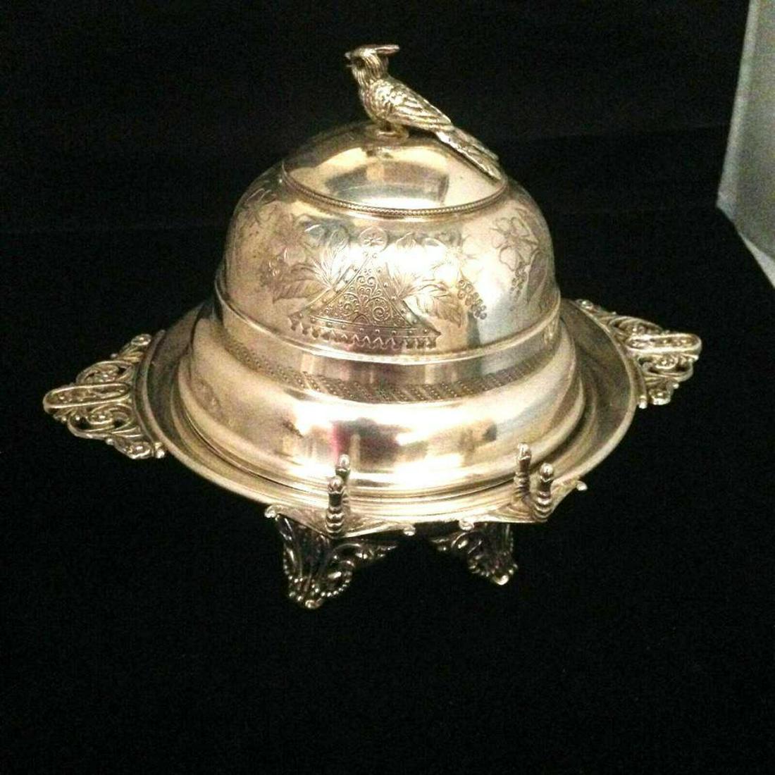 19thc Victorian Antique Quadruple Plate Bird Finial: Beautiful & unique 19th Century Victorian Quadruple Plate Domed Butter Dish, from an estate inÂ Alabama. Made by Simpson Hall & Miller Co. SitsÂ on four pierced feet with two pierced handles & com