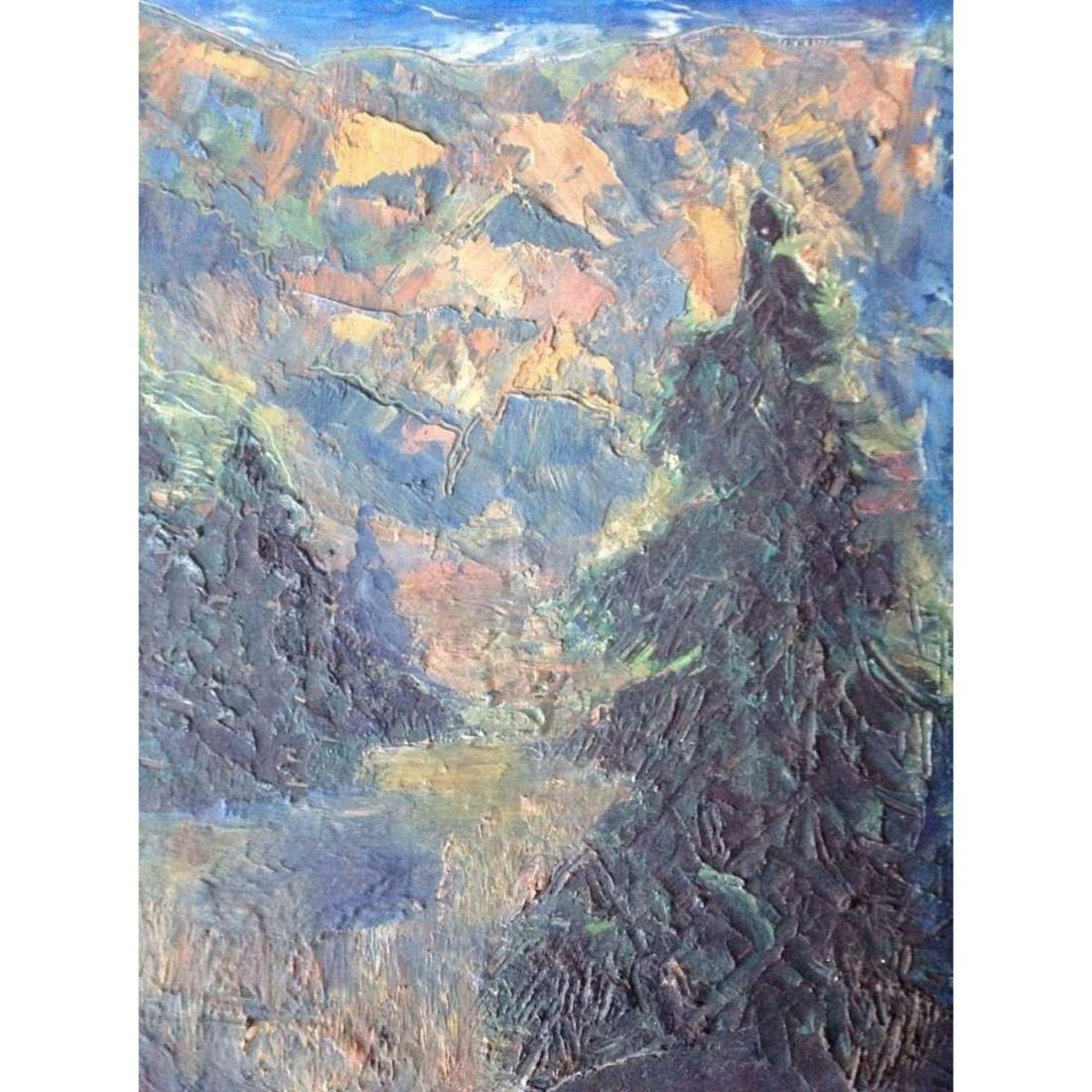 20thc Impressionism, Oil On Board Painting, Mountain: 20thc Impressionism, oil on boardÂ painting, Mountain Landscape.Â Â The scene -Â pine trees along a river's edgeÂ at the base of the mountain. Bright colorsÂ &Â impastoÂ texture, creat