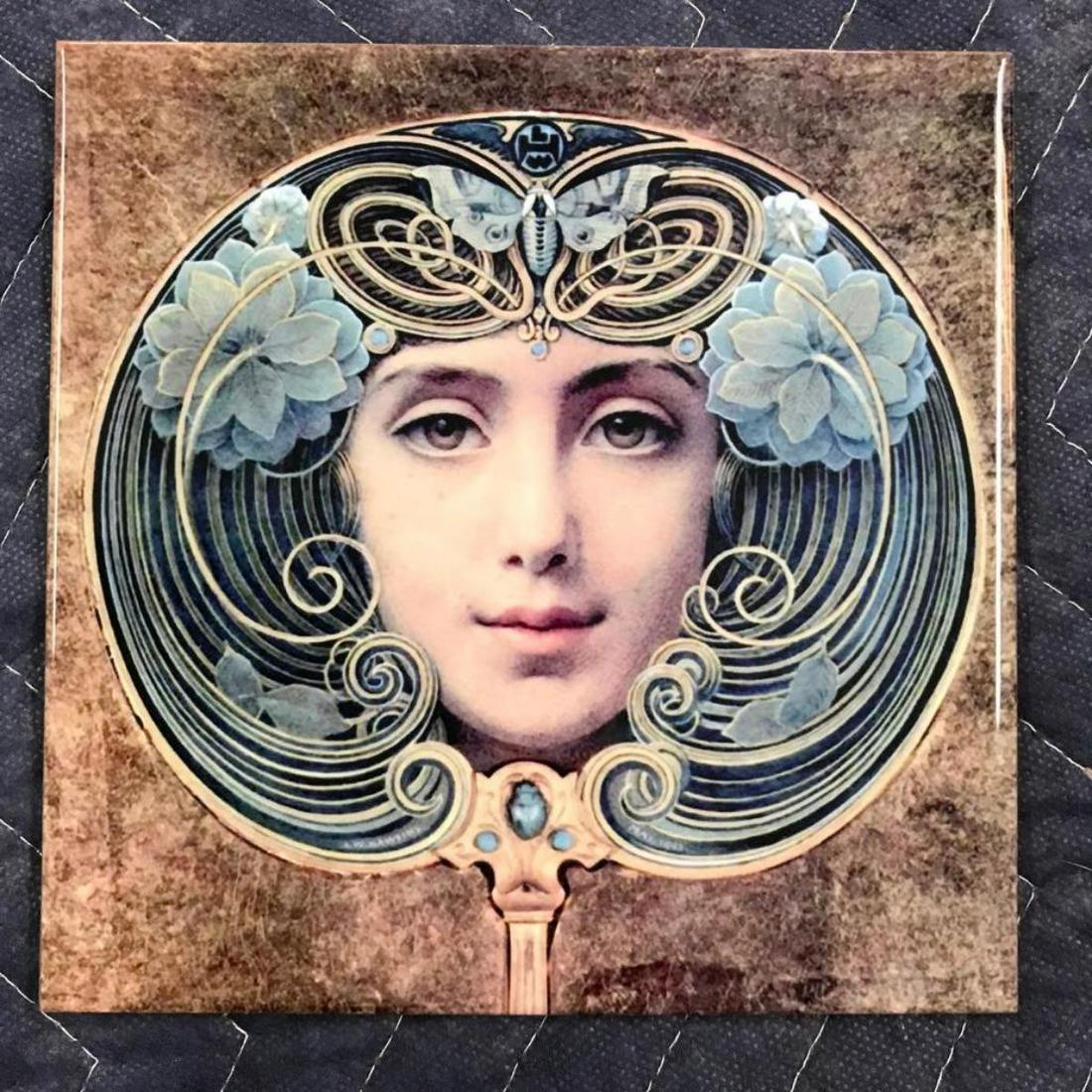 Art Nouveau-style Face in Hand Mirror, Ceramic Art Tile: Art Nouveau-style woman's face within a hand mirror, ceramic art tile. 6" X 6".