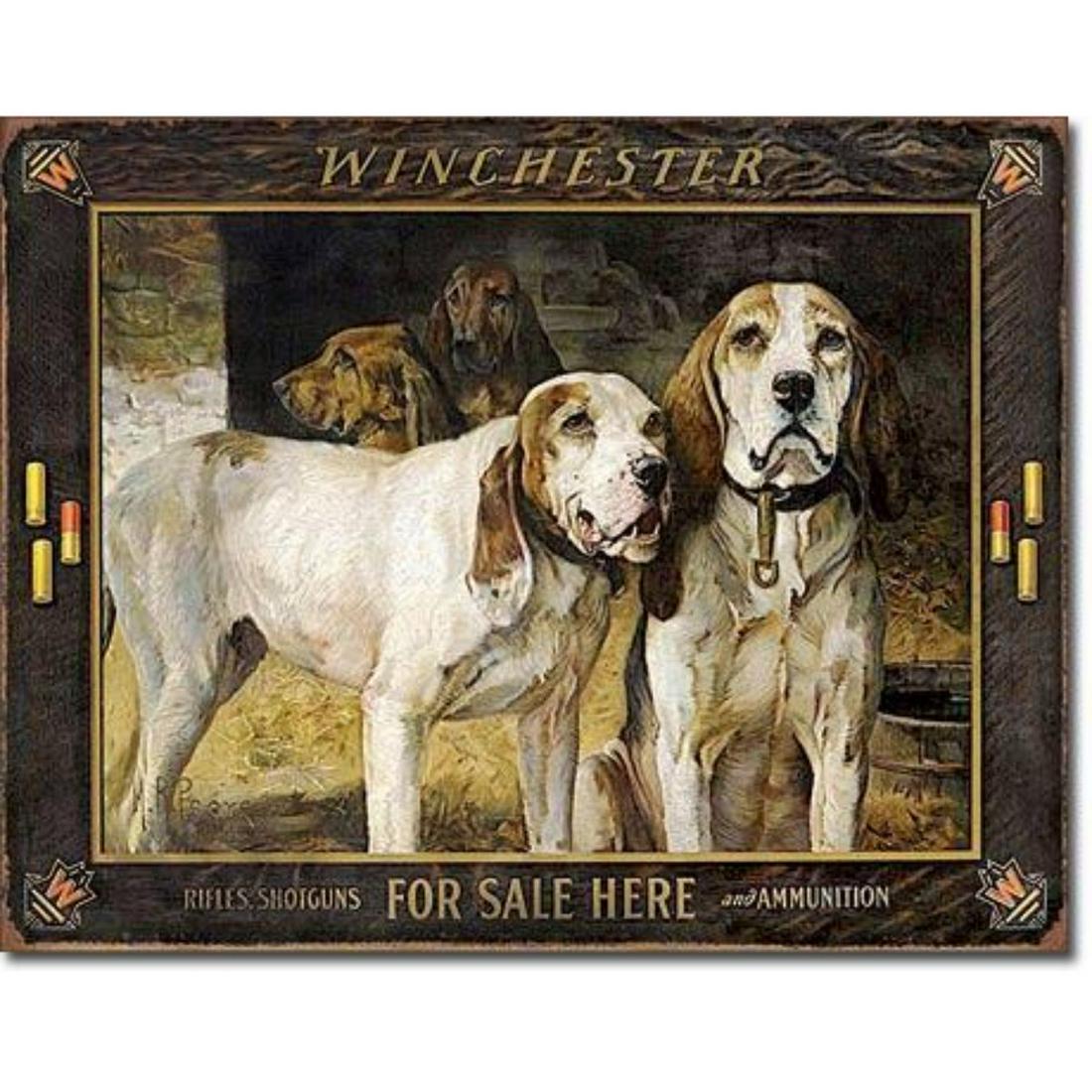 Winchester Rifles Shotguns Amunition Hunting Dogs Metal: Vintage-style metal advertising sign for Winchester rifles,Â shotguns & ammunition, featuring pair of hunting dogs. Pre-drilled holes for mounting.Â 12 1/2" X 16".