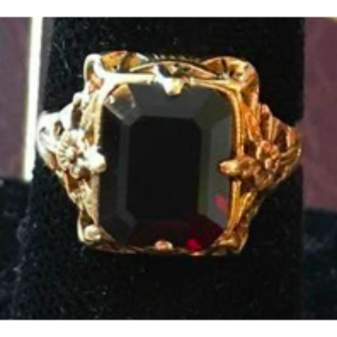 Vintage Garnet & 14kt Gold Ring: Vintage Garnet ring, approx 3ct emerald facet 10.0X7.0mm set in a vintage style 14ktÂ yellow gold ring setting. Stamped inside band 14K.Â Size 6.5.