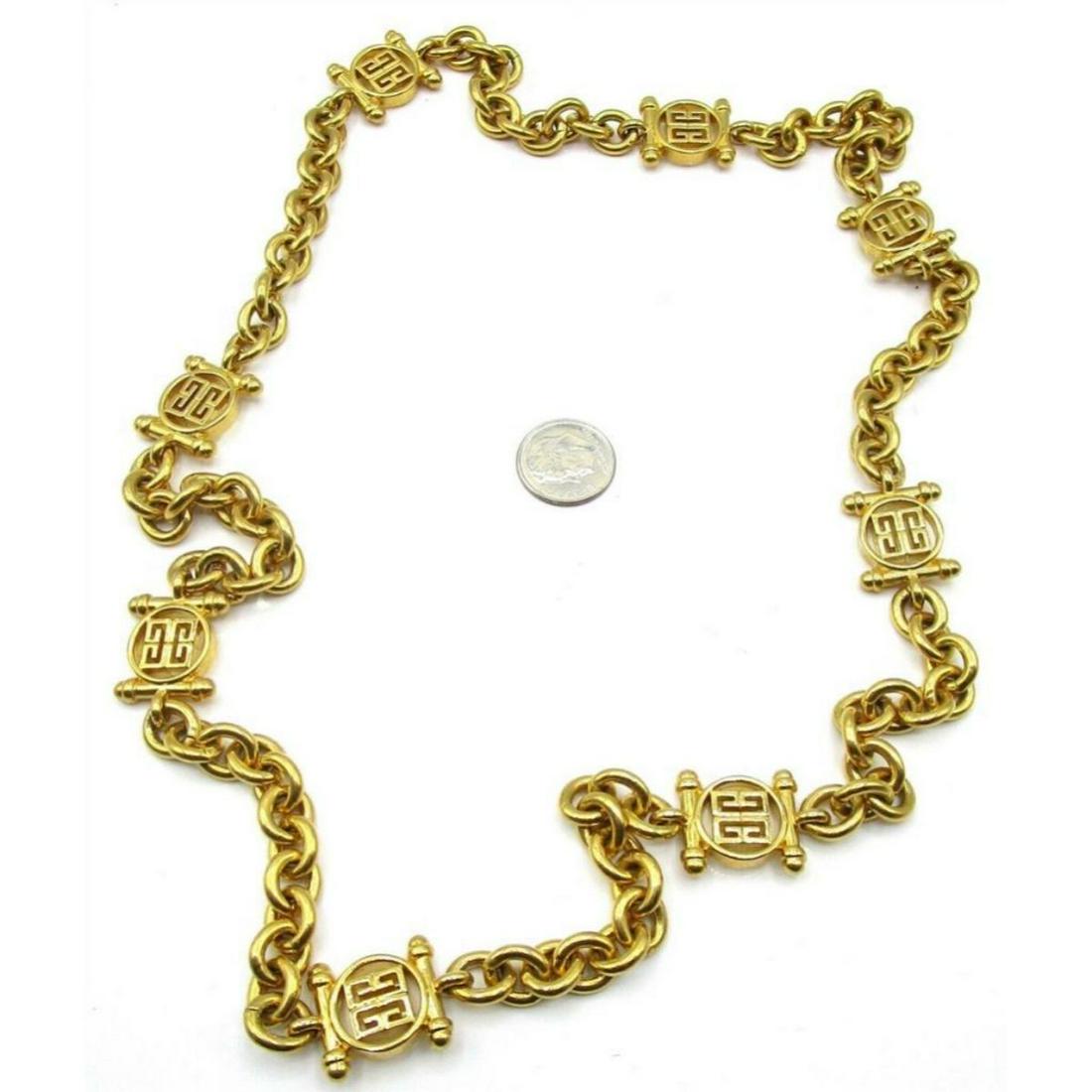 French Designer GIVENCHY Gold Logo Necklace: Rare French designer GIVENCHY gold-tone metal 29" vintage chunky logo panel link necklace.