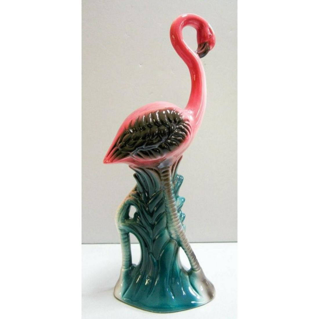 Vintage Miami Mid-century Modern Pink Flamingo Ceramic: Vintage Miami, mid-century modern ceramic earthenware statue figurine of a pink flamingo bird. Pristine condition with beautiful 50's pink & green coloring baked on glaze. 10" H.Â