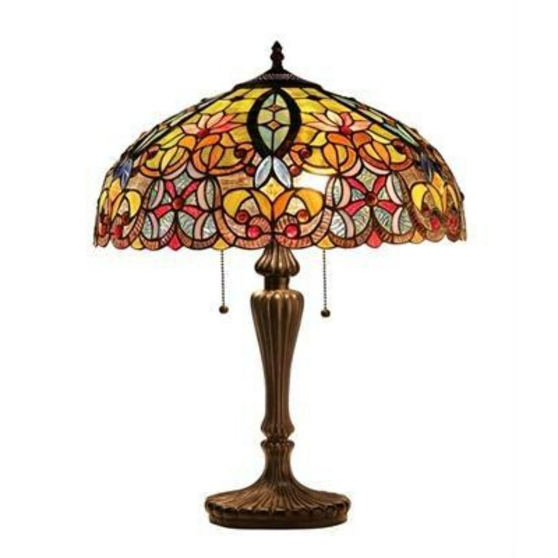 Victorian Tiffany-style Stained Glass Table Lamp: Victorian Tiffany-style stained glass 2 light table lamp with 564 hand-cut pieces of stained glass & 66 glass beads, with dark antique bronze finish.Â 18" shade. 24 1/2" overall height. Â