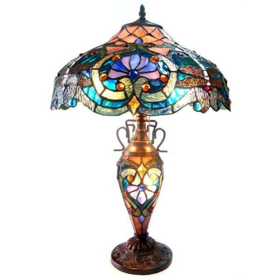 Tiffany-style Victorian Design Table Lamp: Victorian Tiffany-style Victorian 3 light table lamp. with 572 cuts of art glass & 82 glass beads, wrapped in copper foil, with dark antique bronze finish base. Ã‚Â 24 1/2" overall height. 17" W