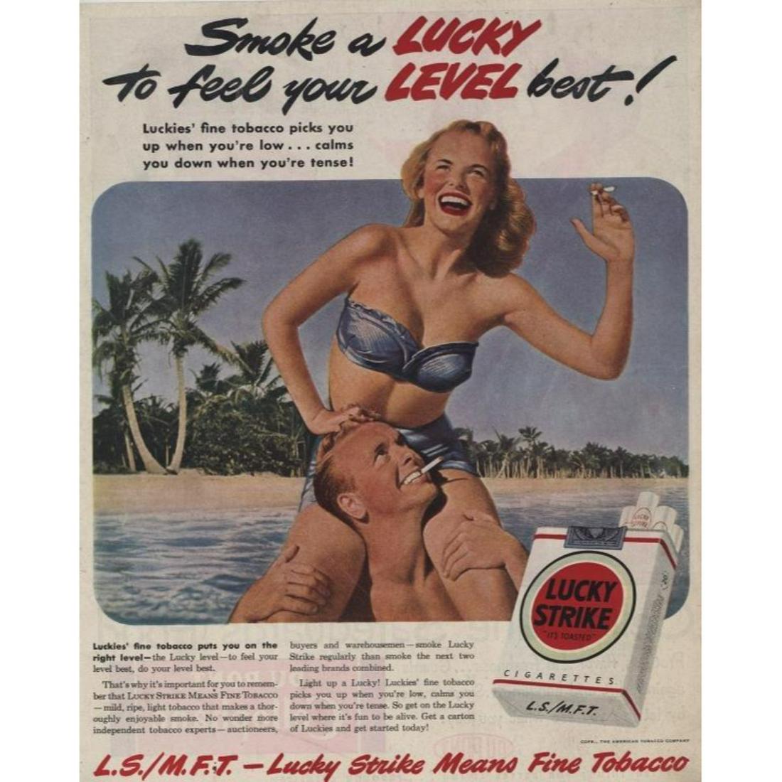 1949 Lucky Strike Cigarettes Beach Advertisement: Original 1949 magazine advertisement for Lucky Strikes Cigarettes. the theme for this particular year of advertising was " Smoke a Lucky to feel your level best!" Features a bikini clad woman, with ci