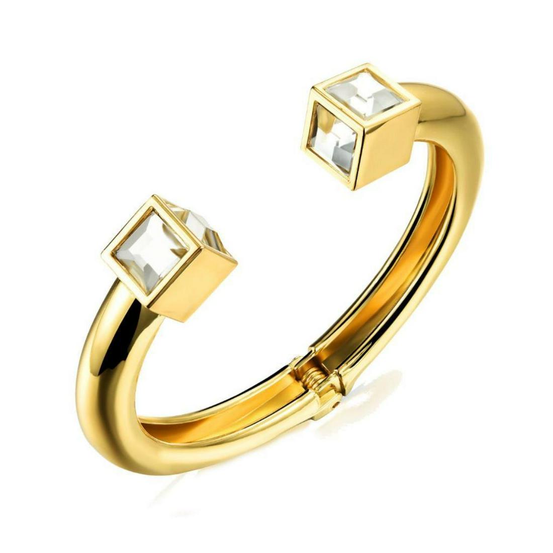 18kt Gold Plate & Czech Crystal Cube Bangle Bracelet: 18ktÂ yellowÂ gold plate with ( 6 total )Â Â 8 X 8mm clear Czech crystals set intoÂ cubes, hinged bangleÂ bracelet. 6.69" D XÂ 8mm W.Â 52g weight. - 10105-040618-EB-20722