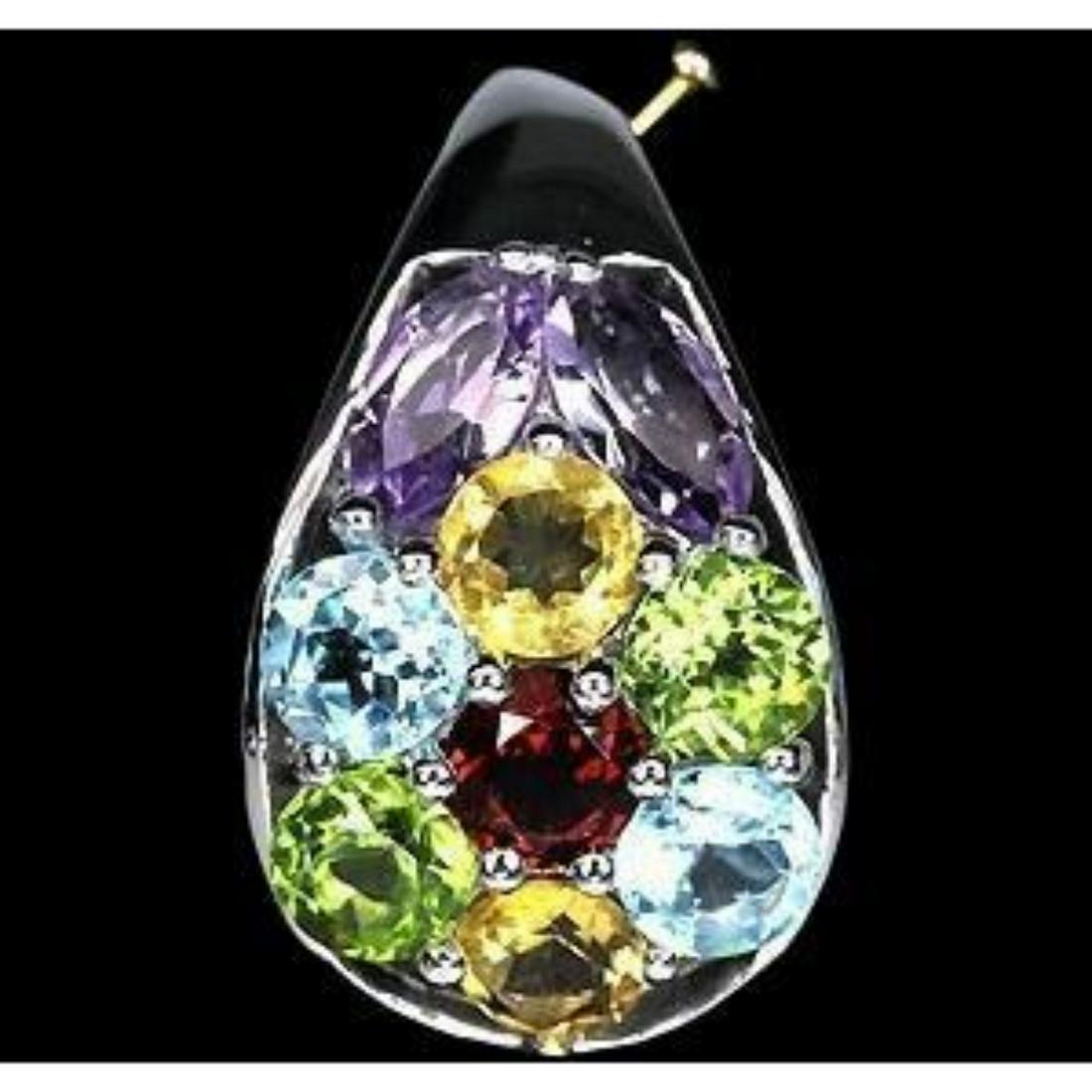Rainbow Multi-Gemstone Slider Pendant: 4 x 8mm marquise & 5mm round faceted rainbow multi-gemstones ( amethyst, garnet, peridot, citrine & blue topaz ) set into a .925 sterling silver slider pendant. Approx 1/2" W X 1" L.