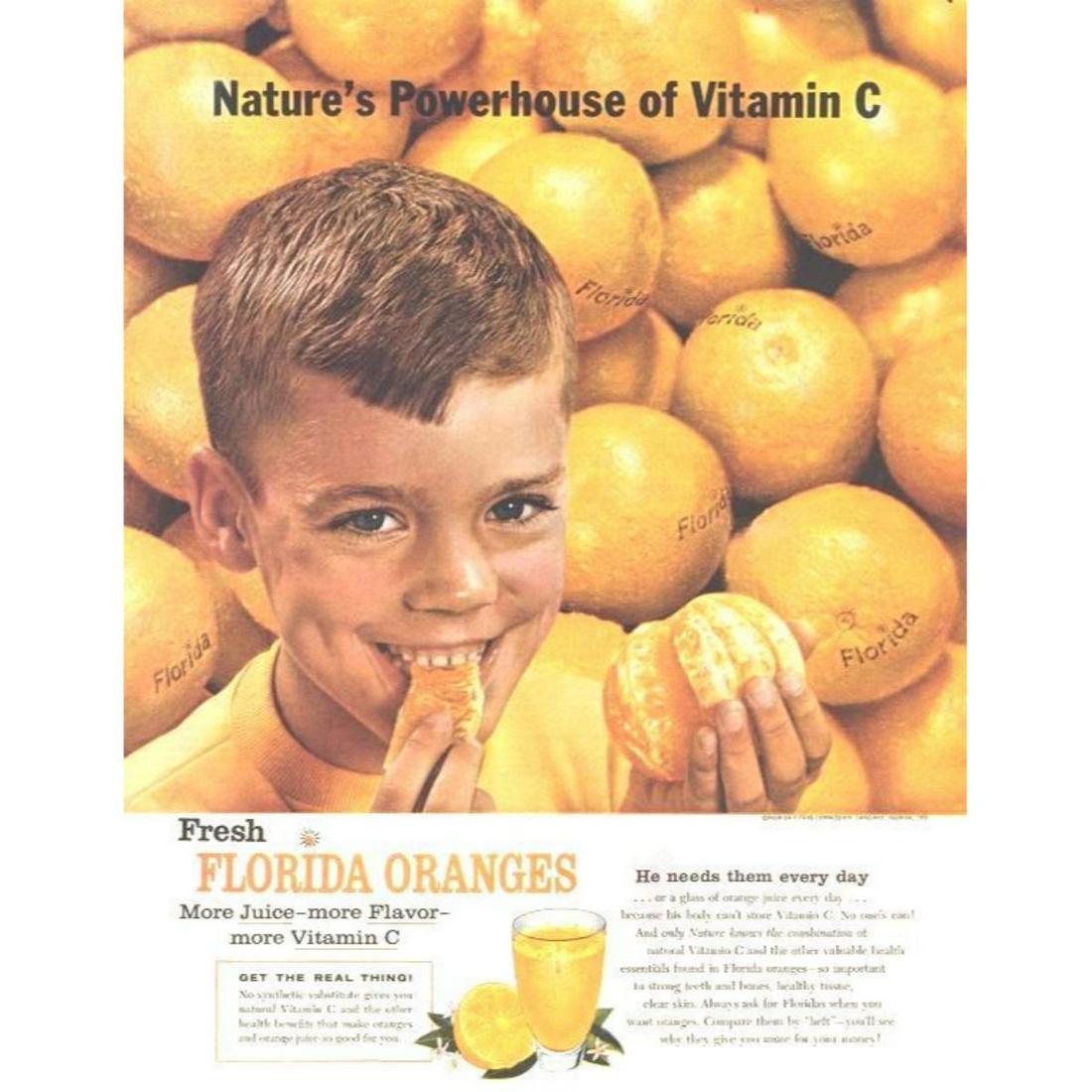 1959 Mid-Century Florida Oranges Kitchen Advertisement: Original 1959 mid-century magazine advertisement for Florida Oranges. The slogan reads, "Nature's Powerhouse of Vitamin C". Features a photo of a young boy holding an orange. 11" X 14" mounted on arch