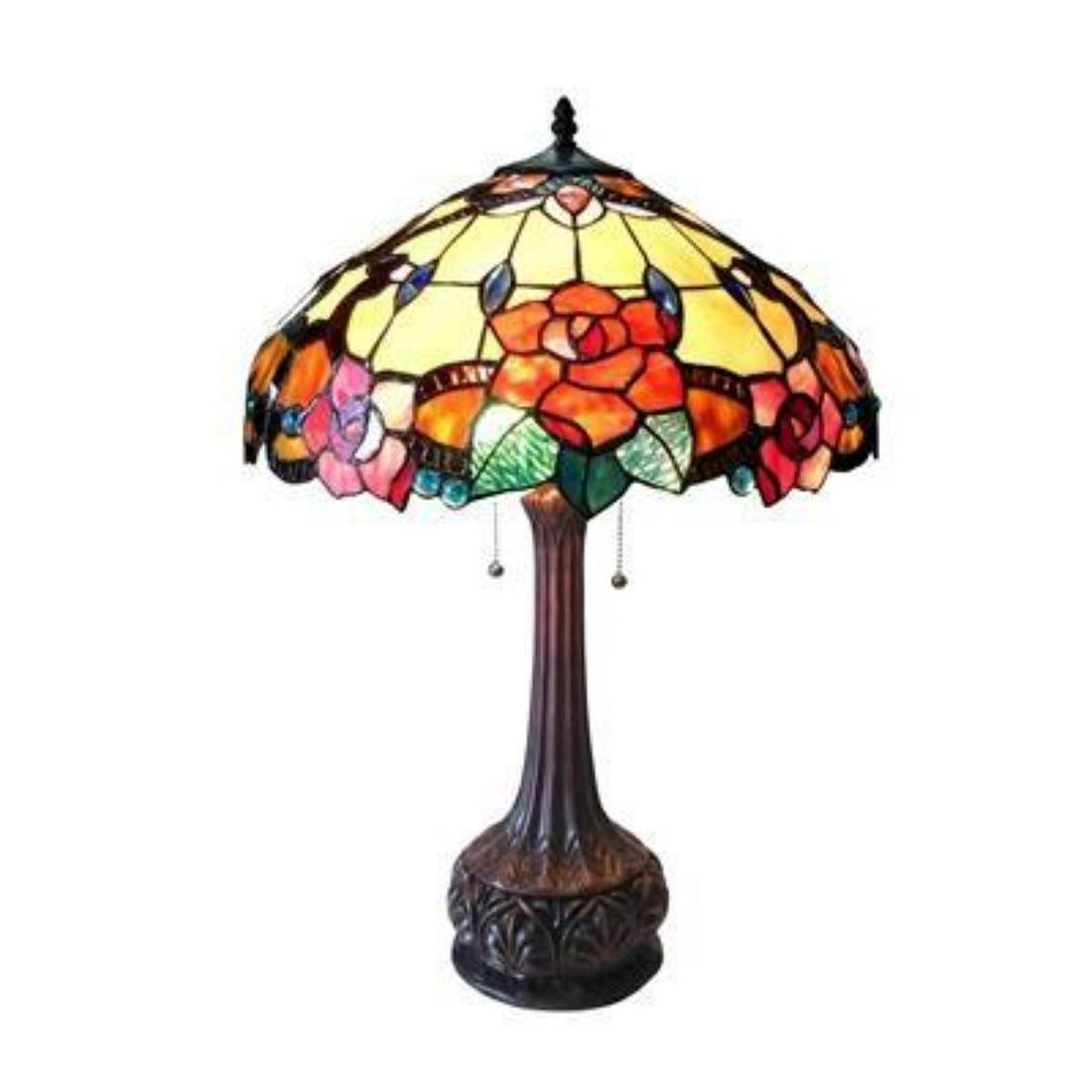 Tiffany-style Stained Glass Floral Table Lamp: Tiffany style 2 light table lamp with over 350 cuts ofÂ yellow, ruby red, jade green &Â translucent art glass & 18 glass beads 18" shade.Â Antique dark bronze finish base. 25" overall height. 11