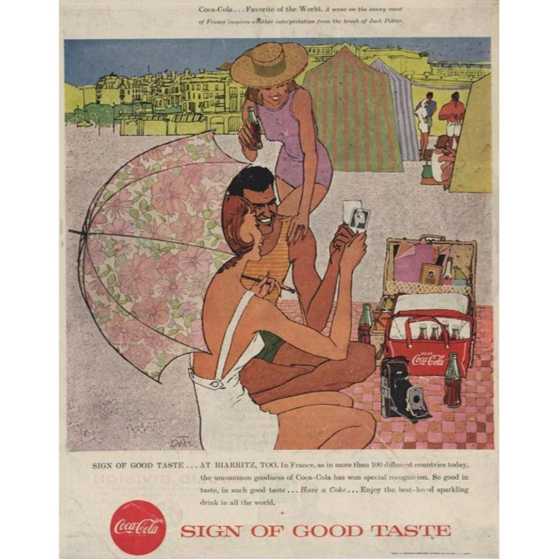 1957 Coca Cola Ad by Illustrator Jack Potter: 1957 Coca Cola magazine advertisement by famous 1950's illustrator & teacher Jack Potter. Depicts a group of vacationers enjoying Cokes in bottles while looking at photos on a beach in Biarritz France