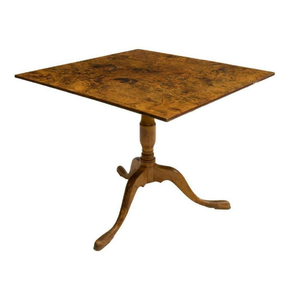 19thc Antique Scandinavian Burlwood Tilt Top Table: 19th Century Scandinavian birch burlwood tilt-top table, having a figured square top, on turned stem & tripod base, approx 28 1/4" "H X Â 35" square. Â - 10616-052018-LA-03355