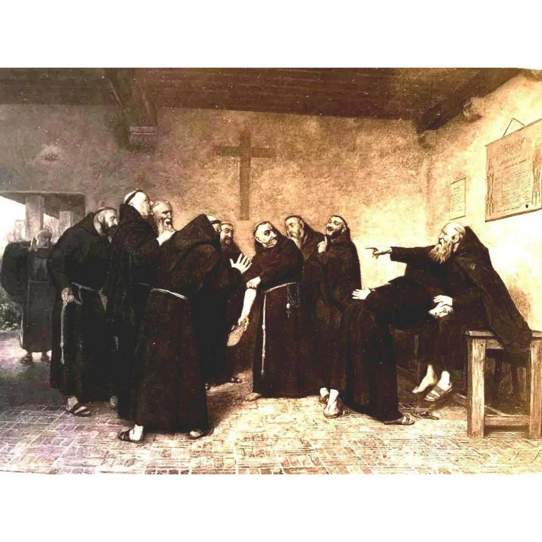19thc Photogravure Print, The Warm Hand, Monks Playing: 1880's photogravure print, from a limited edition of The Masterpieces of French Art, Goupil & Cie engravers, Paris. Printed on heavy Japon paper, from the original painting by Jose Frappa. 10 1/2" X 1