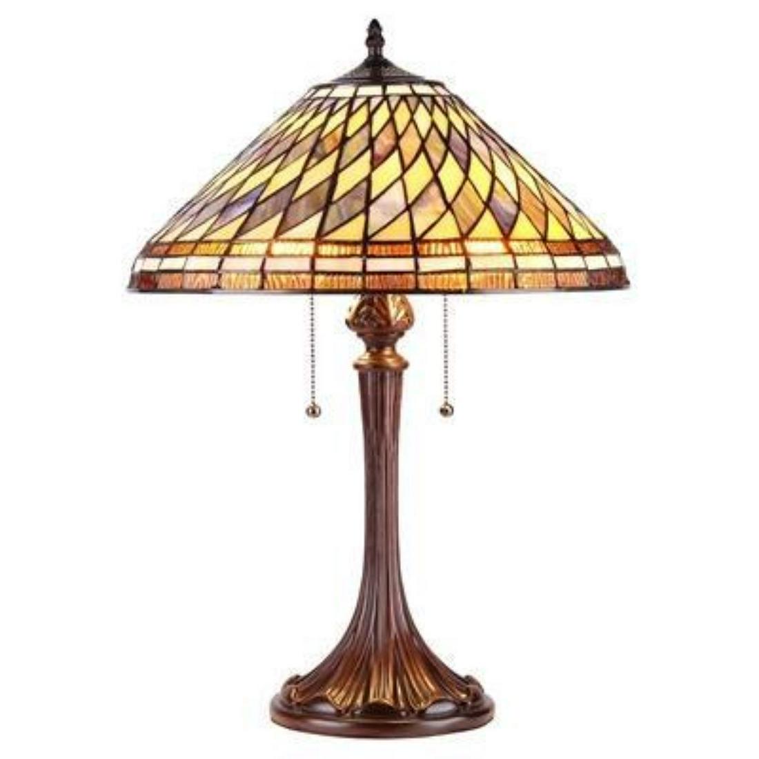 Tiffany-style Mission Stained Glass Table Lamp: Tiffany-style, Mission stained-glass, two-light, table lamp. Features wavy patterns ( 304 glass cuts ) in blue, amber & dark brown color, with dark antique bronze base. 22 1/2" overall H. 16" shade wi