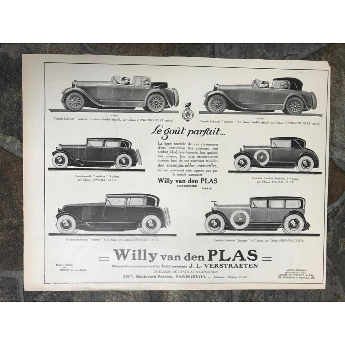 1920's French Art Deco Advertisement, Willy van den: OriginalÂ 1920's French Art Deco black & white advertisement, Willy van den Plas automobiles., from a 1926 edition of L'Illustration magazine. 11" X 14'.