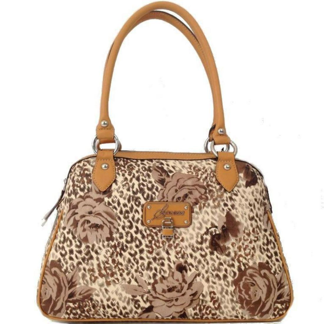Guess Estara Brown Satchel Floral Handbag: Guess Estara brown satchel floral handbag. No longer in stock, hard to find handbag! Animal print with flowers. In very goodÂ conditionÂ .14" W X 10.5" H X 6" D. Dual straps with a 10" drop.