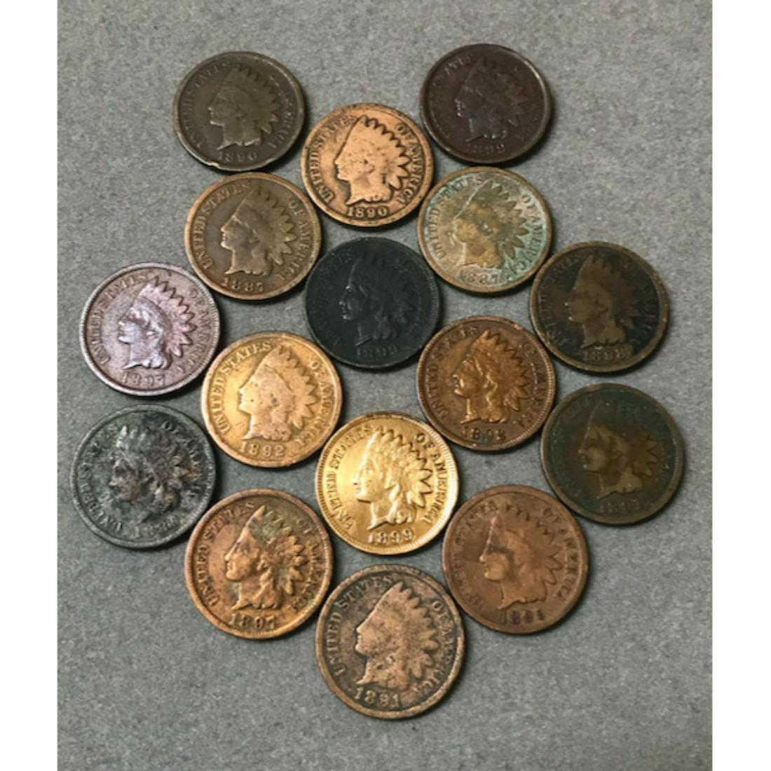 Group of 1890's Indian Head Pennies: Group of sixteen coins from the 1890's, Indian Head Pennies, with dates: 1886, two from 1887, two 1890 dates, two 1891 dates, two 1892 dates, 1895, two 1897 dates, 1898, and three dated 1899. ***most 