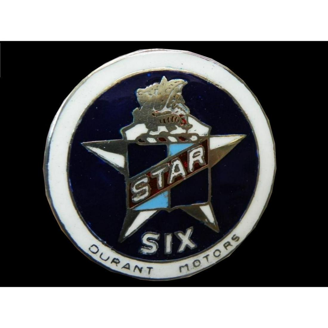 RARE 1920's Durant Motors Star Six Car Badge: RARE! 1926-1927 Durant Motors Star SIX Car Badge, Radiator Emblem. Cloisonne Enamel. 2" D with back screw intact. Durant Motors was est. in 1921 by former GM Motors CEO William Durant, attempting to b