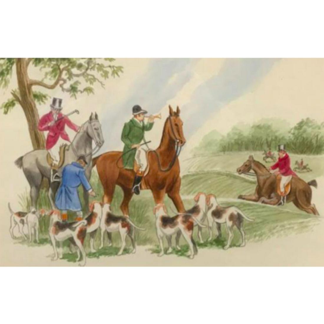 20thc Watercolor Painting, Fox Hunt Scene, Horse &: 20th Century framed watercolor painting, Fox Hunt scene with horses & hounds, by Georgia artist Daniel ZittomerÂ in the 1990's. Framed in gold giltwood frame. 18" X 22".