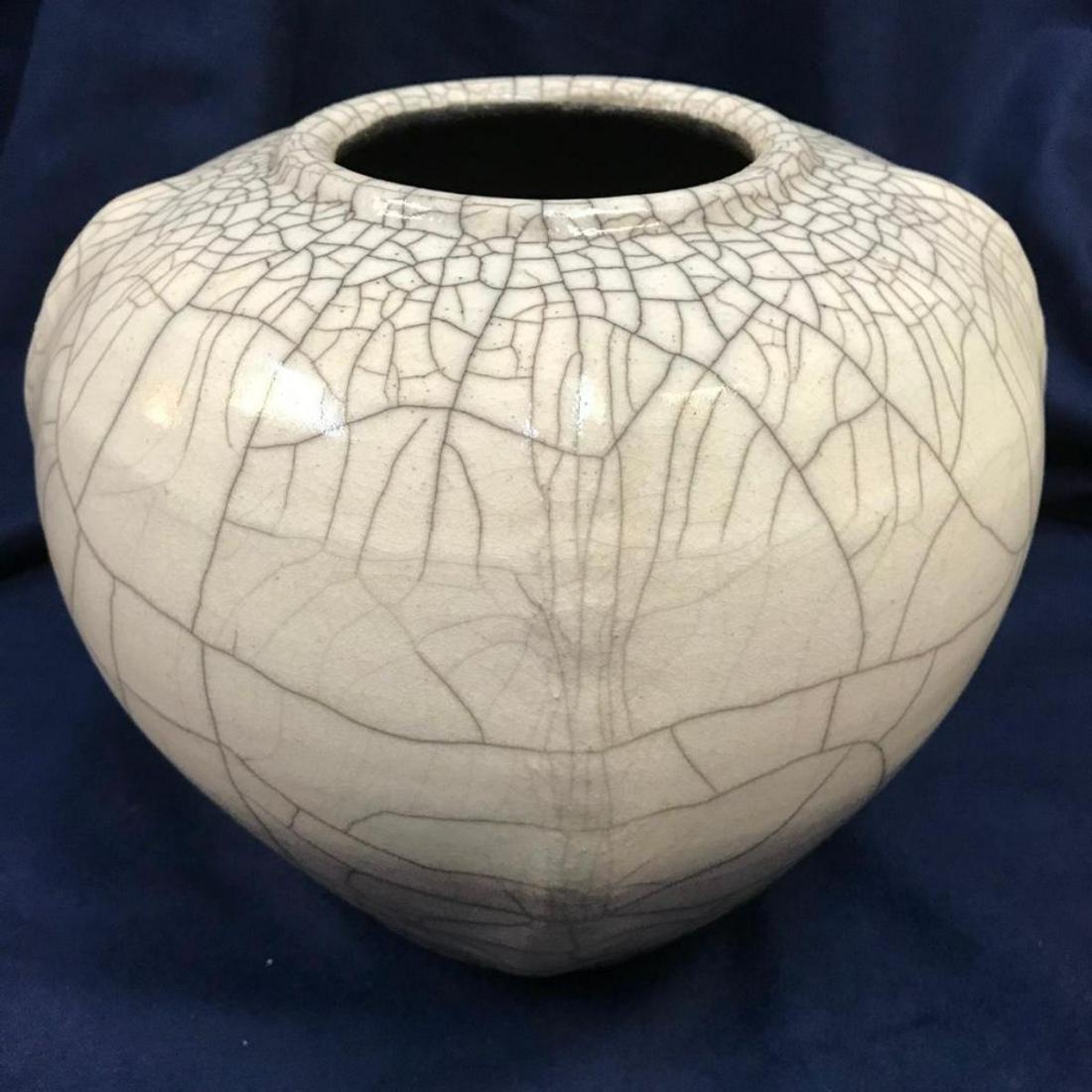 Vintage Southern Pottery Vase: Vintage Southern pottery vase, white with gray crackle finish. "Turn & Burn Pottery" signature on the bottom & "John 14:1" North Carolina potters. 8" H X 8" D. Provenance: Moreland Smith Estate, NC.