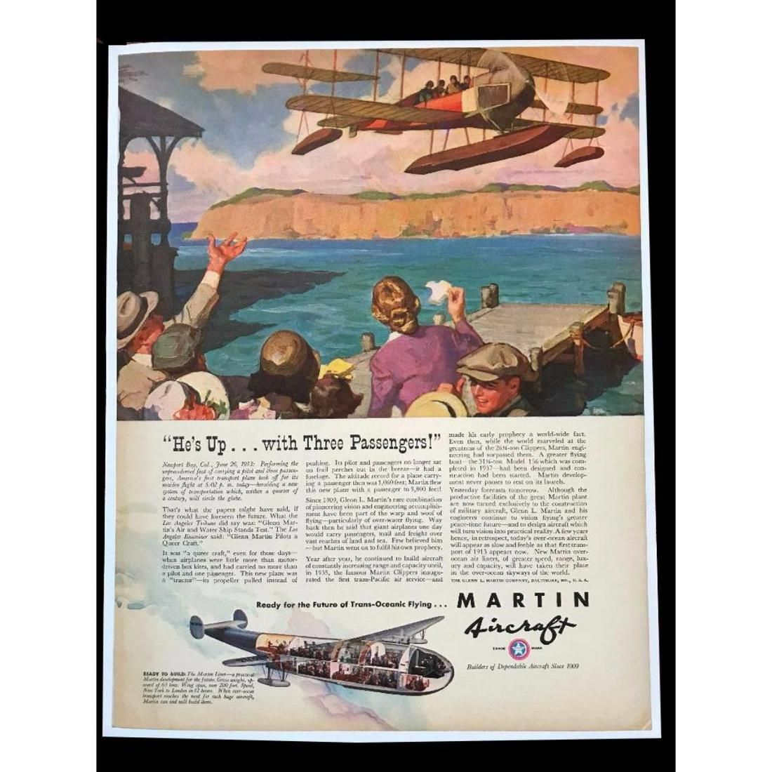 c1940's WWII Era History of Martin Aircraft Magazine Ad: Original c1940's WWII era Martin Aircraft magazine advertisement telling the history of the company from 1913 - 1940's military production. 11" X 14" mounted on archival linen canvas for preservation.