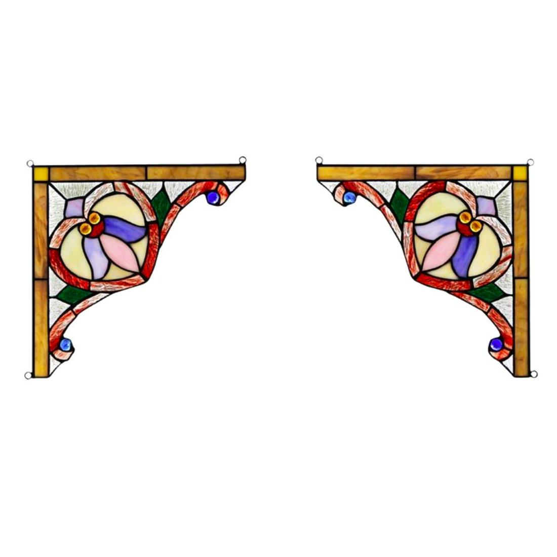 Pair of Stained Art Glass Corner Panels: Pair of stained art glass corner panels, left & right matching set. Each panel with 36 pieces of art glass & 4 glass beads wrapped in copper foil. 10" H X 10" W.
